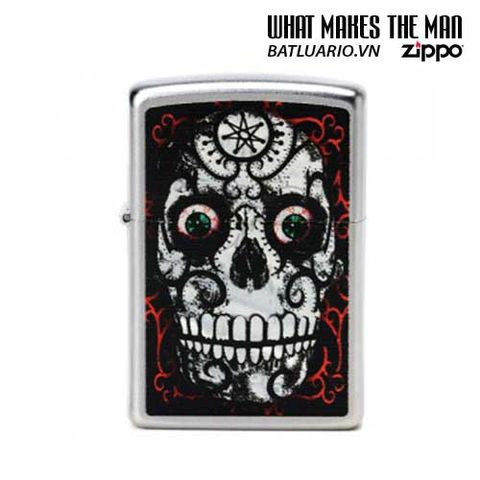 Bật Lửa Zippo 24883 - Skull Day of the Dead Satin Chrome - Quà Tặng Khắc Họa Đầu Bướm Độc Đáo