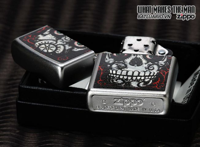 Bật Lửa Zippo 24883 - Skull Day of the Dead Satin Chrome - Quà Tặng Khắc Họa Đầu Bướm Độc Đáo