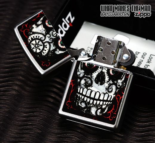Bật Lửa Zippo 24883 - Skull Day of the Dead Satin Chrome - Quà Tặng Khắc Họa Đầu Bướm Độc Đáo