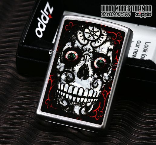 Bật Lửa Zippo 24883 - Skull Day of the Dead Satin Chrome - Quà Tặng Khắc Họa Đầu Bướm Độc Đáo