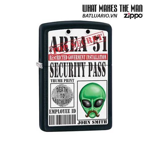 Bật Lửa Zippo Area 51 Security Pass - Bật Lửa Có Nắp Đen Mờ, Quà Tặng Cho Người Hâm Mộ UFO và Khoa Học Viễn Tưởng