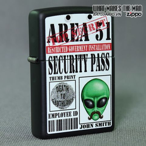Bật Lửa Zippo Area 51 Security Pass - Bật Lửa Có Nắp Đen Mờ, Quà Tặng Cho Người Hâm Mộ UFO và Khoa Học Viễn Tưởng