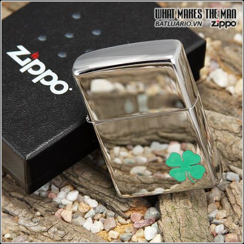 Bật Lửa Zippo A Bit O' Luck Cỏ 4 Lá - Mặt kính bóng Chrome, Hàng chính hãng Mỹ 100%, Quà tặng độc đáo cho tín đồ Zippo