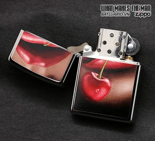 Bật Lửa Zippo 28655 - Thiết Kế High Polish Chrome Hình Cherries và Đôi Môi, Quà Tặng Độc Đáo Cho Fan Zippo
