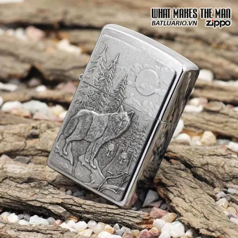 Bật Lửa Zippo 20855 - Bật Lửa Chrome Chải Có Hình Biểu Tượng Timberwolves - Quà Tặng Fan Bóng Rổ Chính Hãng
