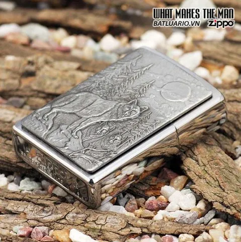Bật Lửa Zippo 20855 - Bật Lửa Chrome Chải Có Hình Biểu Tượng Timberwolves - Quà Tặng Fan Bóng Rổ Chính Hãng