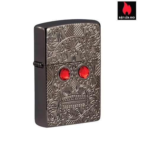 Bật Lửa Zippo 49300 - Day of the Dead Skull Armor High Polish Black Ice với Đầu Lâu Trang Trí Swarovski® - Quà Tặng Thú Vị và Độc Đáo