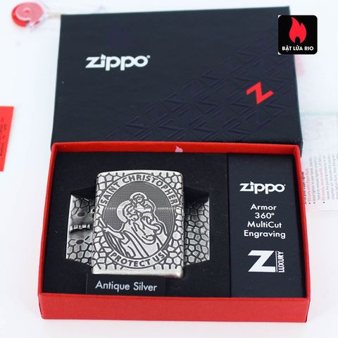 Bật lửa Zippo 49160 Armor® - Thiết kế Huy chương Thánh Christopher Bằng bạc cổ điển, Quà tặng độc đáo cho tín đồ Zippo