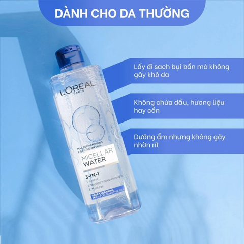 Nước Tẩy Trang L'Oreal 400ml - Dưỡng Ẩm, Làm Sạch Sâu Cho Da Nhạy Cảm, Dầu, Khô, Hỗn Hợp - 3-in-1 Tươi Mát