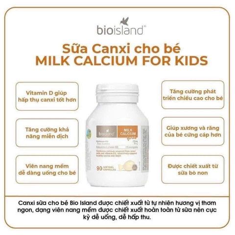 Canxi cho bé Milk Calcium BioIsland 90 viên, chắc xương, phát triển chiều cao