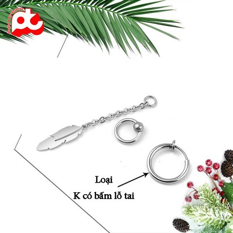 Bông tai nam cao cấp 1 chiếc kpop inox lông vũ khoen không bấm lỗ tai trangsucpt PTBTNA04 400572