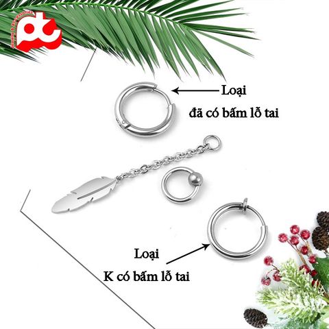 Bông tai nam cao cấp 1 chiếc kpop inox lông vũ khoen không bấm lỗ tai trangsucpt PTBTNA04 400572