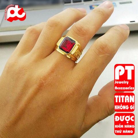 Nhẫn nam titan cao cấp thời trang chạm rồng 2 bên trangsucpt đá đỏ nhẫn màu thép không gỉ PTNNA255 400625