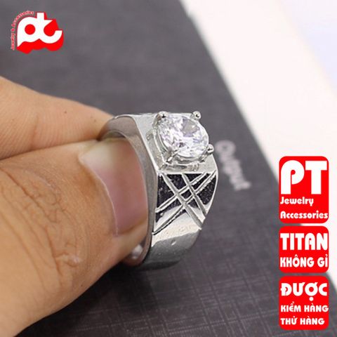 Nhẫn nam inox cao cấp titan PT Jewelry & Accessories thép không gỉ sọc xéo đính xoàn PTNNA234 400676