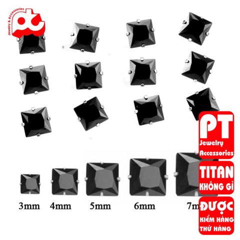 Bông tai nam inox 1 cặp đá vuông đen bấm lỗ tai trangsucpt nhiều 3mm 4mm 5mm 6mm 7mm PTBTNA19 400677