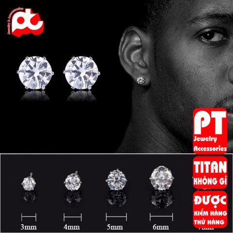 Bông tai inox nam 1 cặp đá tròn trắng  bấm lỗ tai trangsucpt 3mm 4mm 5mm 6mm 7mm PTBTNA22 400744