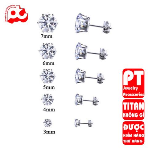 Bông tai inox nam 1 cặp đá tròn trắng  bấm lỗ tai trangsucpt 3mm 4mm 5mm 6mm 7mm PTBTNA22 400744