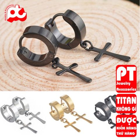 Bông Tai Nam Titan Cao Cấp Hình Thánh Giá - Phụ Kiện Thời Trang Nam Tính, Chống Gỉ, An Toàn Cho Da