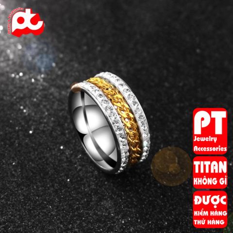 Nhẫn nam inox  cao cấp thời trang lồng xích 2 bên đính đá titan trangsucpt trắng cách điệu PTNNA11 400900