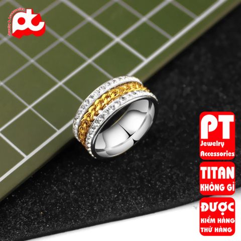 Nhẫn nam inox  cao cấp thời trang lồng xích 2 bên đính đá titan trangsucpt trắng cách điệu PTNNA11 400900