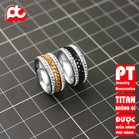 Nhẫn nam inox  cao cấp thời trang lồng xích 2 bên đính đá titan trangsucpt trắng cách điệu PTNNA11 400900