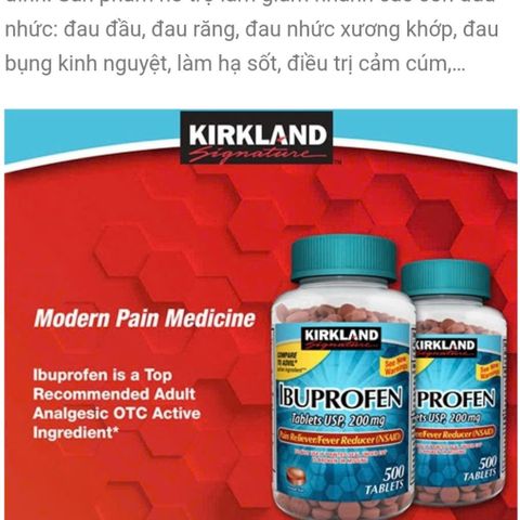 Viên giảm đau hạ sốt Kirkland Ibuprofen 200mg - Hỗ trợ giảm đau nhanh chóng, chống viêm hiệu quả, 500 viên, hàng chính hãng Mỹ
