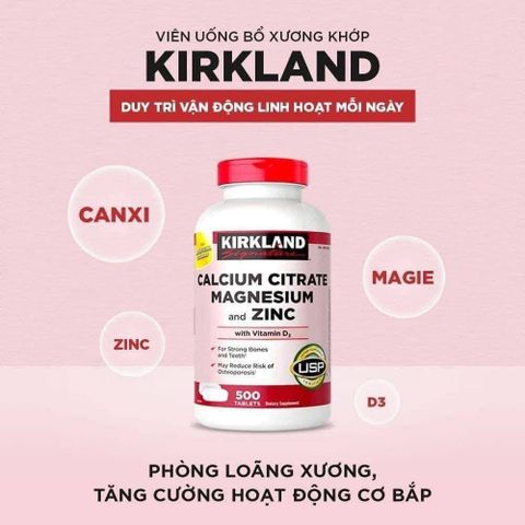 Viên uống Canxi Citrate + Magie + Zinc Kẽm Kirkland 500 Viên - Bổ Sung Dinh Dưỡng Cho Sức Khỏe Xương Khớp Chắc Khỏe