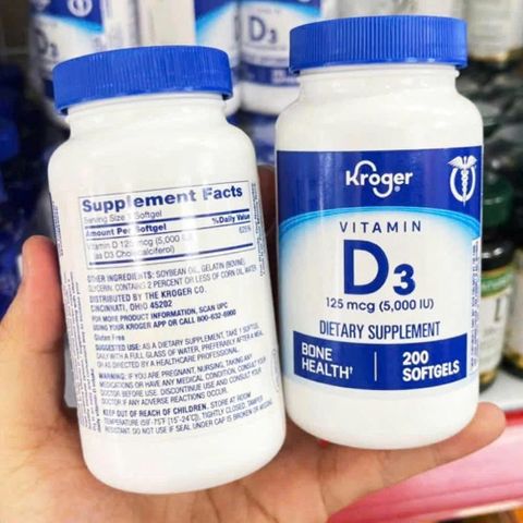 Viên uống bổ sung Vitamin D3 Kroger 125mcg (5000IU) - 200 Softgels Hỗ trợ tăng cường sức khỏe xương và miễn dịch, bổ sung hàng ngày tiện lợi