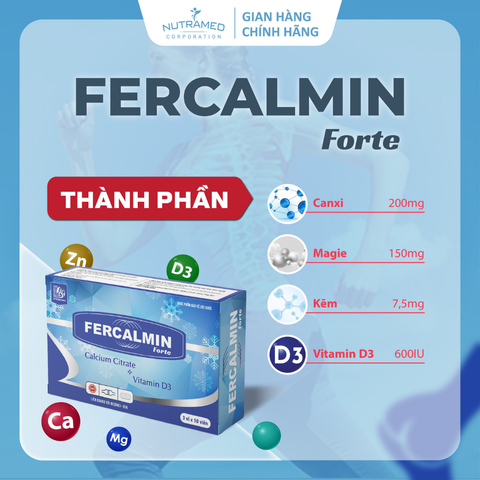 Fercalmin Forte - Viên uống bổ sung Canxi, Vitamin D & Khoáng chất cho phụ nữ mang thai, thanh thiếu niên phát triển chiều cao - 30 viên