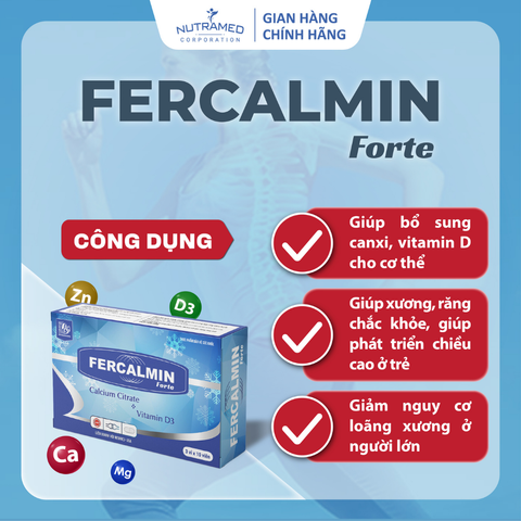 Fercalmin Forte - Viên uống bổ sung Canxi, Vitamin D & Khoáng chất cho phụ nữ mang thai, thanh thiếu niên phát triển chiều cao - 30 viên