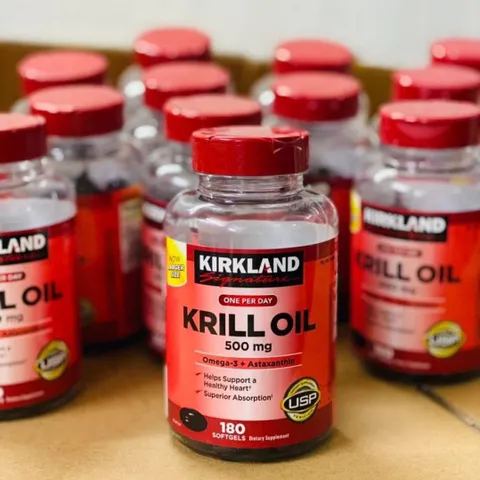 Dầu nhuyễn thể Krill Oil 500mg Kirkland Signature 180 viên - Hỗ trợ sức khỏe tim mạch và cải thiện thị lực hiệu quả