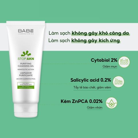 Sữa Rửa Mặt Dạng Gel BABE Stop AKN Cho Da Dầu & Mụn - Làm Sạch Sâu, Ngăn Ngừa Mụn, Xuất Xứ Tây Ban Nha, 100ml/200ml