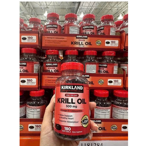 Dầu nhuyễn thể Krill Oil 500mg Kirkland Signature 180 viên - Hỗ trợ sức khỏe tim mạch và thị lực, bổ sung Omega-3 tự nhiên