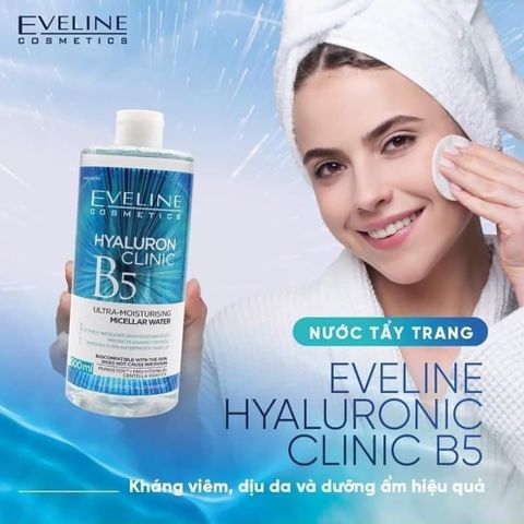 Nước Tẩy Trang Eveline Hyaluronic Clinic B5 500ml - Dưỡng ẩm, Ngăn ngừa Mụn và Lão Hóa Da, Cho Da Mềm Mại, Dịu Nhẹ