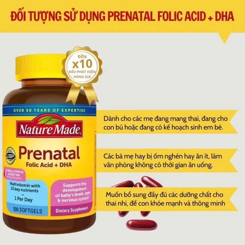 Vitamin tổng hợp cho mẹ bầu Prenatal Folic Acid + DHA Nature Made 110 viên, thai kỳ
