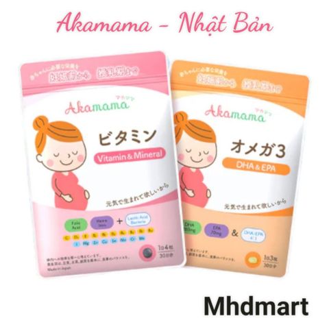 Combo Vitamin Bà Bầu AKAMAMA Nhật Bản - Sắt, DHA/EPA, Canxi, D3, K2, Hỗ Trợ Phát Triển Thai Nhi và Chống Rạn Da