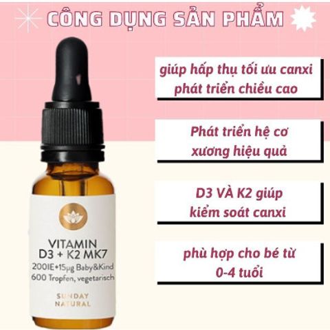 Vitamin D3 K2 MK7 200IE Sunday Natural 20 ml Đức, hàng nhập khẩu có mã QR 403225
