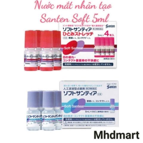 Nước Nhỏ Mắt Nhân Tạo Santen Soft Santear Nhật Bản - Giảm Mỏi Mắt, Khô Mắt, 2 Màu Xanh và Hồng, Set 4 Lọ 5ml