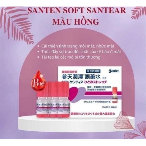 Nước Nhỏ Mắt Nhân Tạo Santen Soft Santear Nhật Bản - Giảm Mỏi Mắt, Khô Mắt, 2 Màu Xanh và Hồng, Set 4 Lọ 5ml