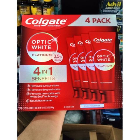 Kem Đánh Răng Colgate Optic White Platinum 4in1 - Làm Trắng Răng 10 Tone Chỉ Trong 10 Ngày, Chứa Fluoride và Hydrogen Peroxide - 116gr
