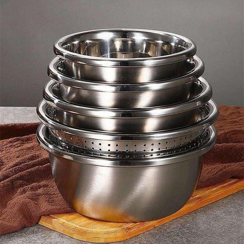 Bộ 5 Rổ Chậu Inox 304 Cao Cấp - Dụng Cụ Nhà Bếp Đủ Kích Cỡ Phù Hợp Nấu Ăn Gia Đình, Chịu Nhiệt Tốt