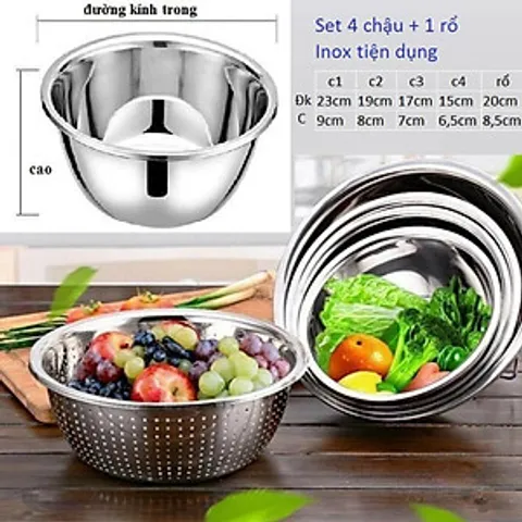 Bộ 5 Rổ Chậu Inox 304 Cao Cấp - Dụng Cụ Nhà Bếp Đủ Kích Cỡ Phù Hợp Nấu Ăn Gia Đình, Chịu Nhiệt Tốt