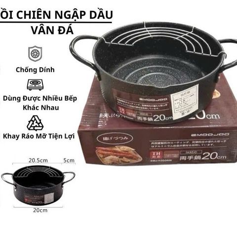 Nồi Chiên Ngập Dầu Chống Dính 20cm EMOOJOO Nhật Bản - Khay Ráo Dầu Tiện Lợi, Món Ăn Ngon Lành Mạnh Tại Nhà