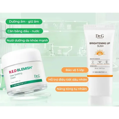 Sét Kem Dưỡng Dr.G R.E.D Blemish 70ml Phục Hồi Da + Chống Nắng Dr.G Brightening 20ml