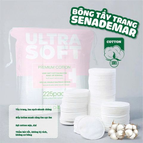 Bông Tẩy Trang Sendemar 100% Cotton 225 Miếng/Túi - Mềm Mịn, Không Xơ Bông
