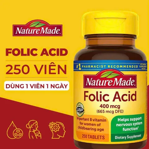 Viên uống bổ sung Folic Acid Nature Made 400mcg 250 viên, hỗ trợ thai kỳ