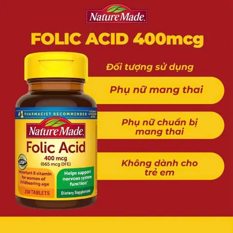 Viên uống bổ sung Folic Acid Nature Made 400mcg 250 viên, hỗ trợ thai kỳ