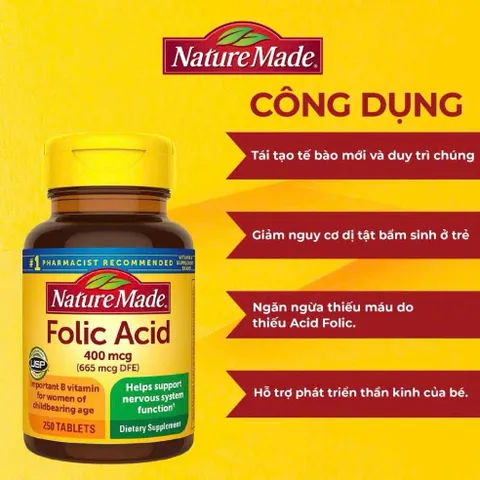 Viên uống bổ sung Folic Acid Nature Made 400mcg 250 viên, hỗ trợ thai kỳ