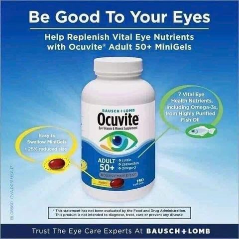 Viên uống bổ mắt Ocuvite Eye Vitamin cho người lớn 50+ - Tăng cường thị lực, bảo vệ mắt khỏi tác động từ thiết bị điện tử.