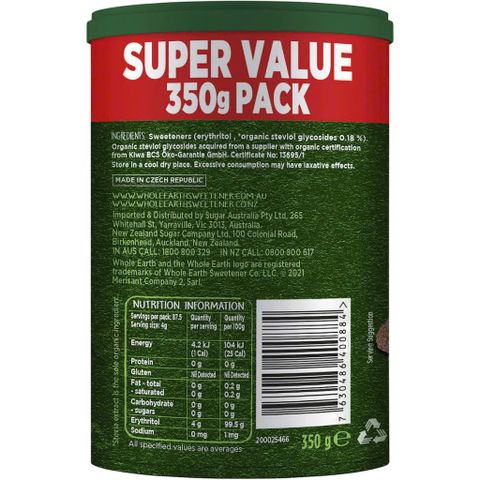 Whole Earth Stevia - Đường Ăn Kiêng Không Calo Tự Nhiên Hữu Cơ, Hỗ Trợ Giảm Cân và Kiểm Soát Đường Huyết, Hương Vị Ngọt Ngào